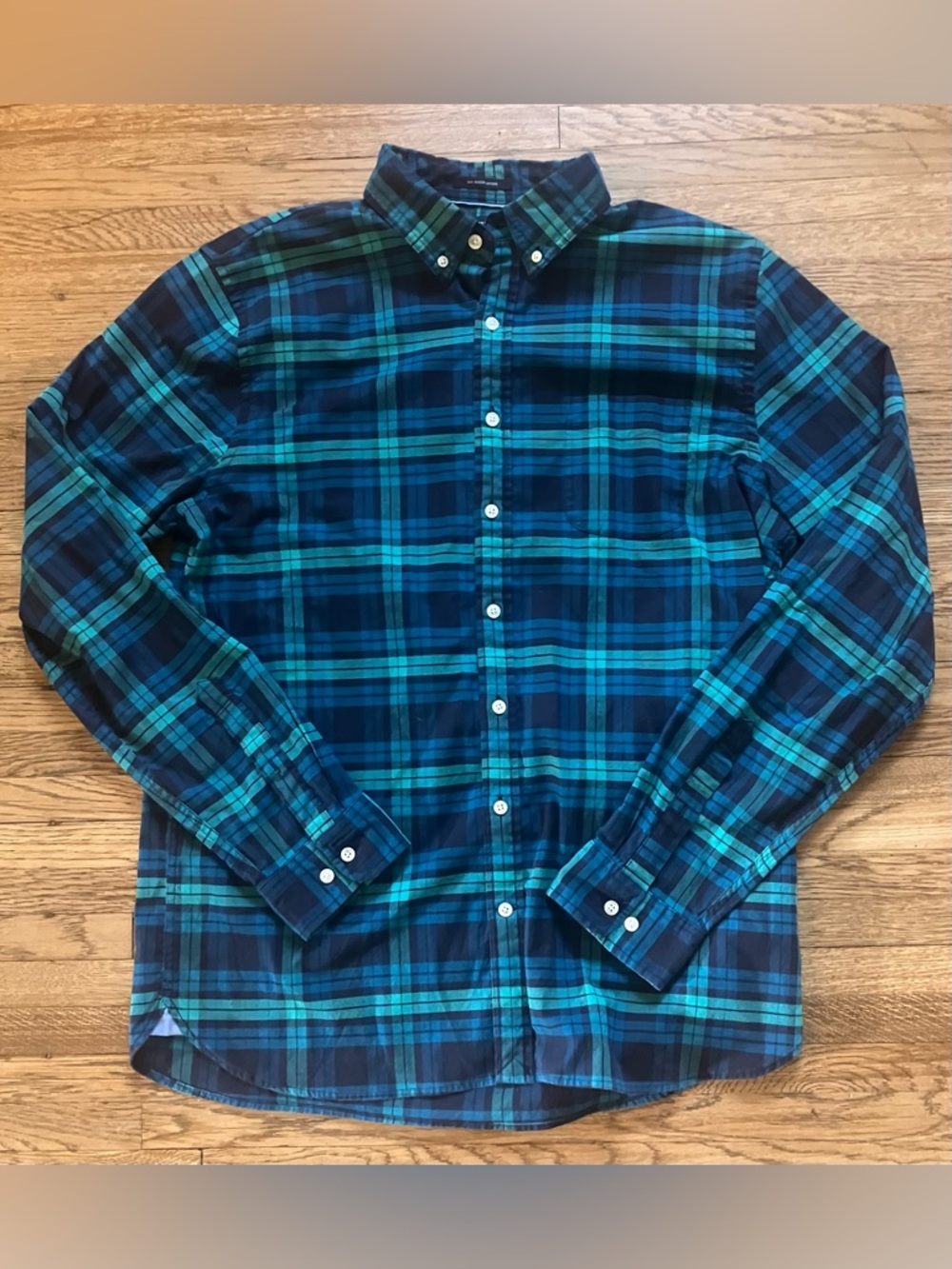 Lands End Sail Rigger Oxford Shirt Tailored Fit Blue Green Plaid L Tall